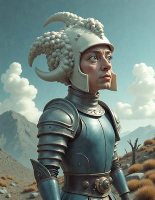 The primary subject of the image is a woman wearing a medieval-style armor, including a helmet with horns. She is standing in a field with a mountain in the background. The visual style of the image is digital art, and the colors and mood are predominantly silver and blue, giving the scene a futuristic and metallic appearance.